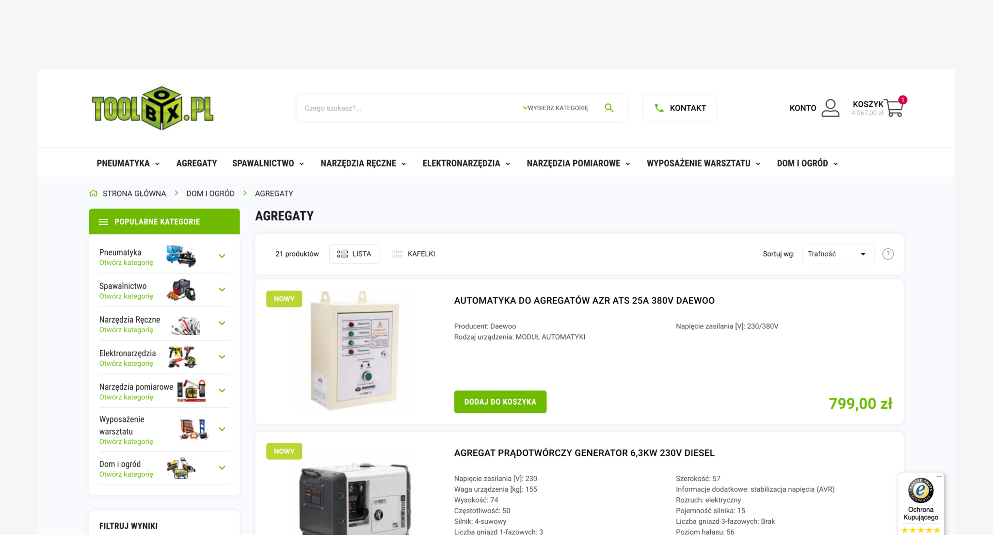 Listing kategorii Agregaty w sklepie Toolbox z parametrami technicznymi i filtrami
