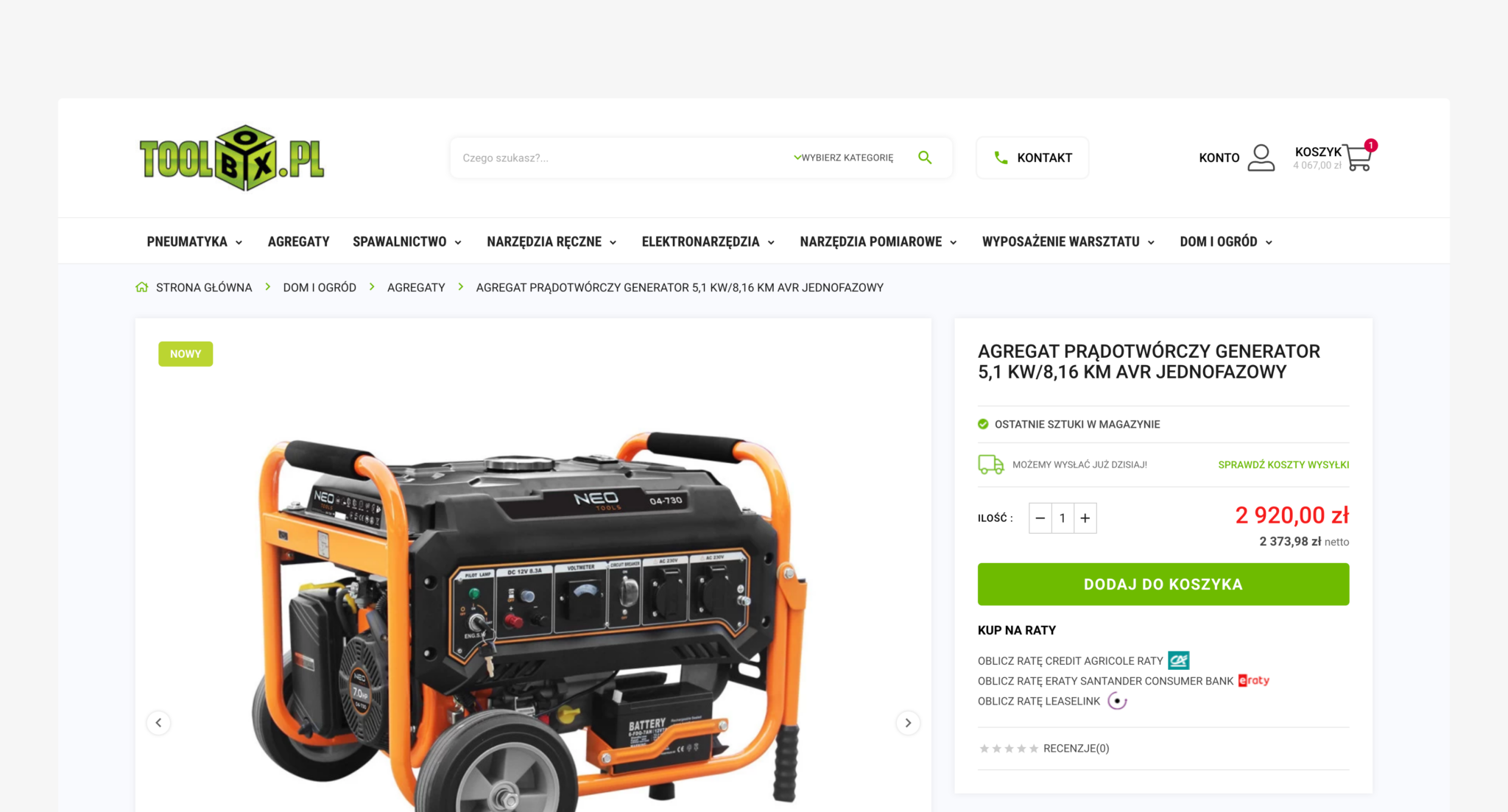 Karta produktu w sklepie Toolbox z ceną brutto i netto, dostępnością oraz zakupem na raty