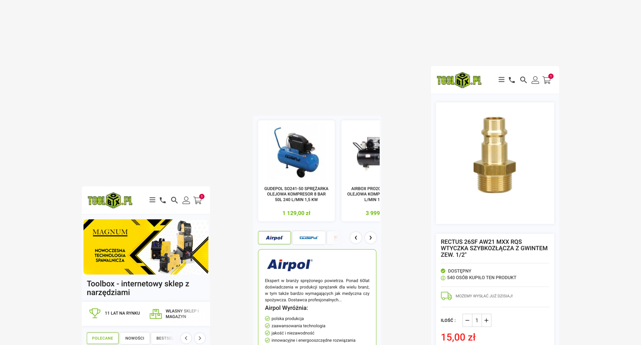 Widoki mobilne sklepu Toolbox: strona główna, sekcja producenta i karta produktu