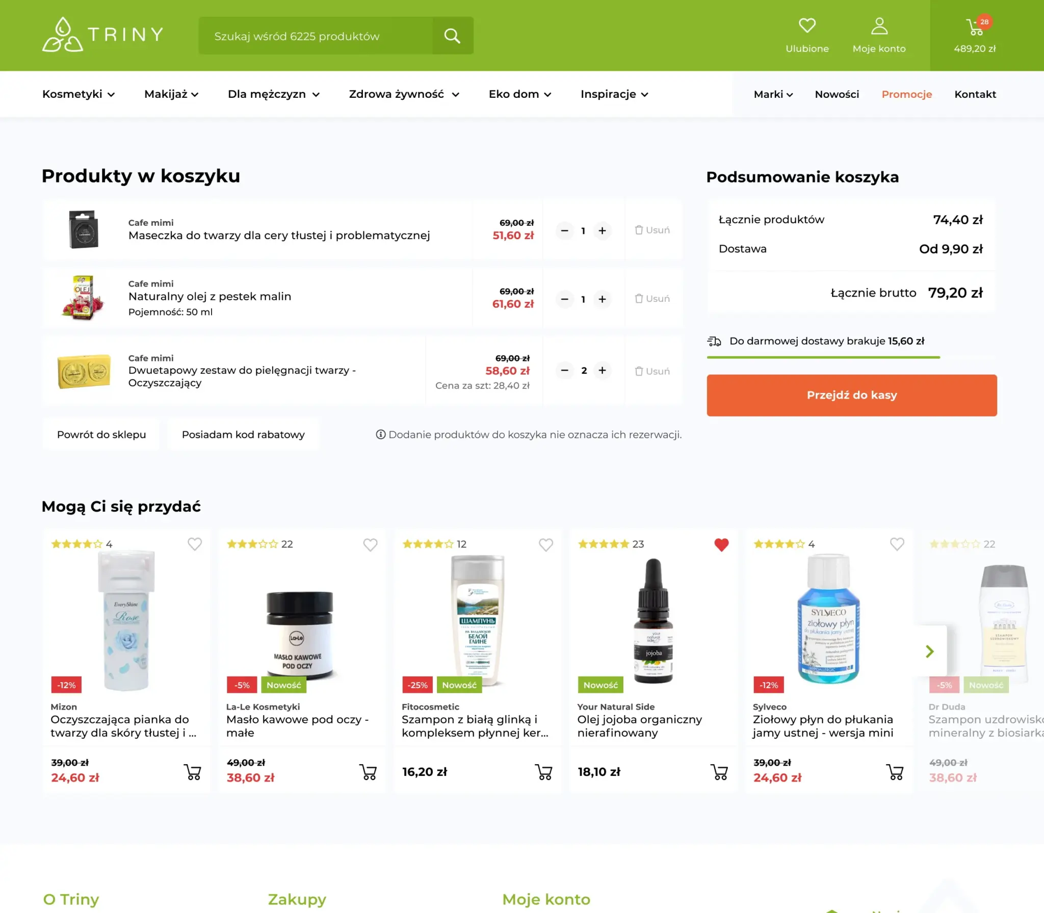 Koszyk w sklepie Triny z podsumowaniem, progiem darmowej dostawy i propozycjami produktów