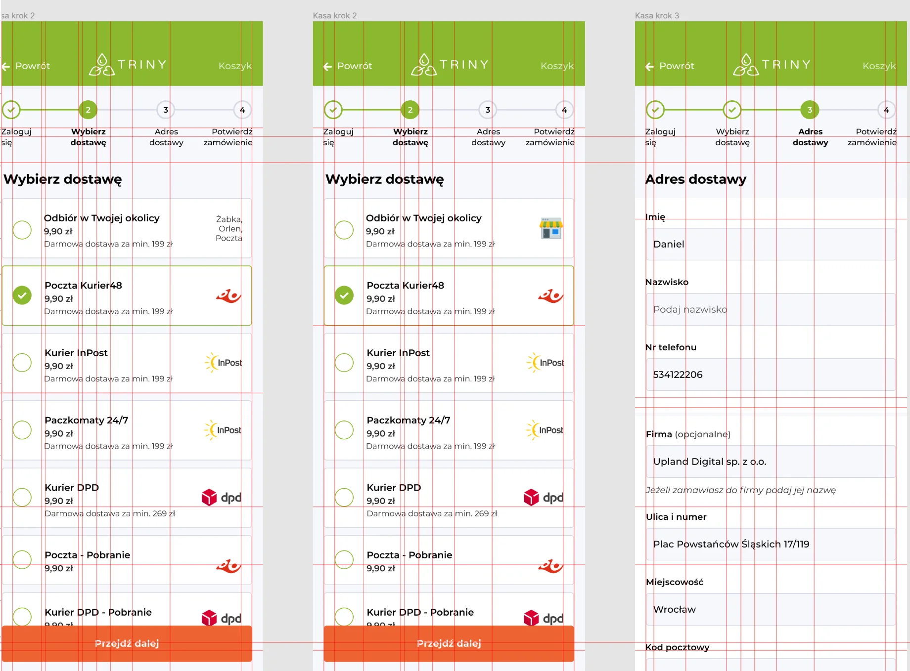 Makiety kolejnych kroków kasy Triny rozrysowane na siatce design systemu
