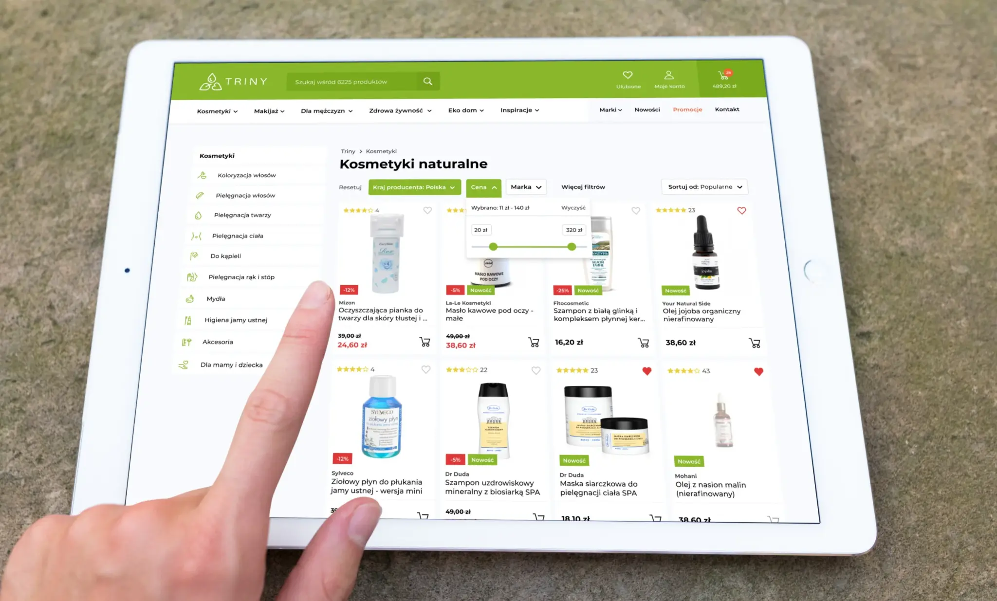 Listing kategorii Kosmetyki naturalne w sklepie Triny z drzewem kategorii i filtrami