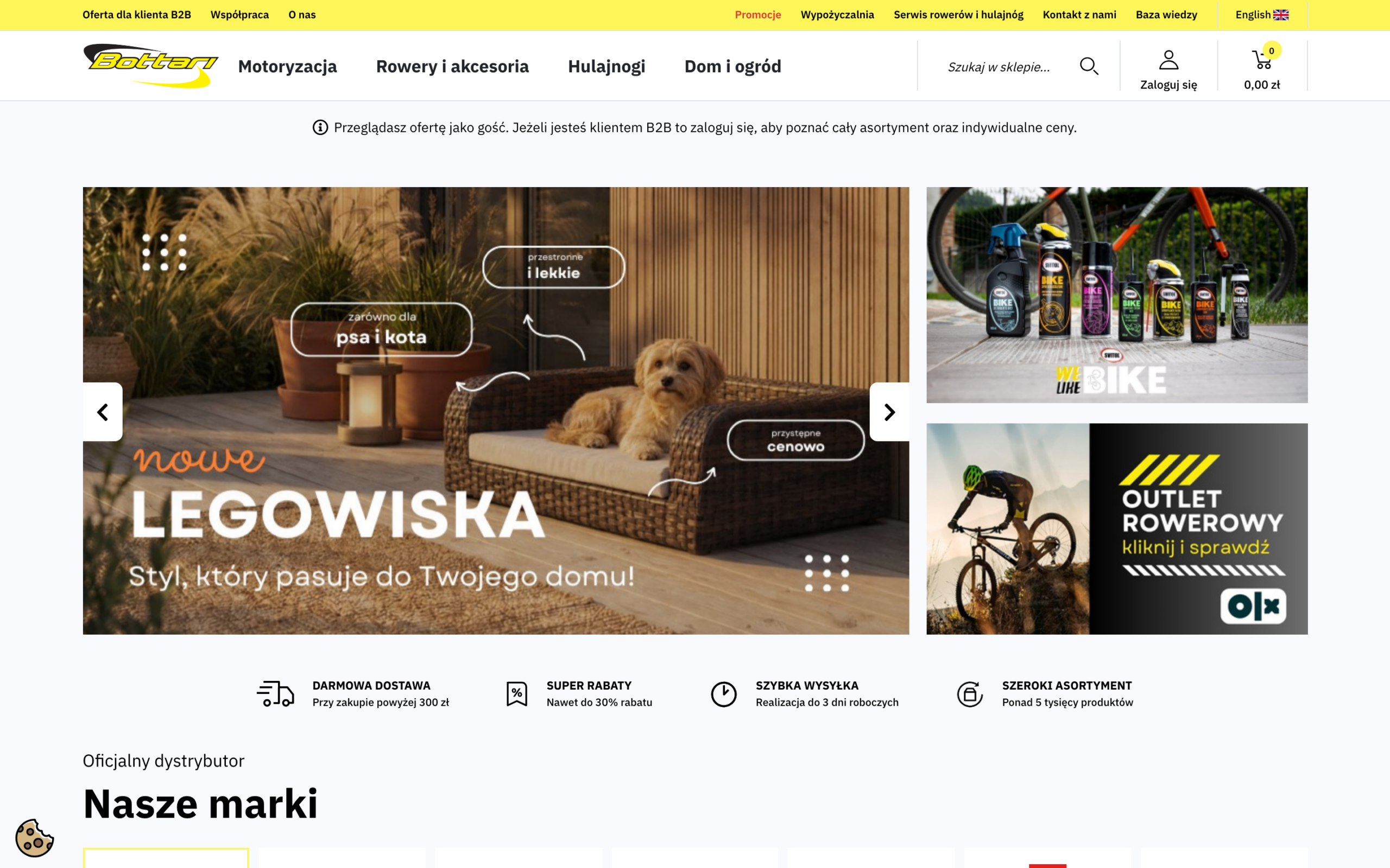 Jeden PrestaShop dla sprzedaży B2C i B2B – z dedykowaną integracją Enova365 16 Bottari – strona główna sklepu z banerem głównym na PrestaShop