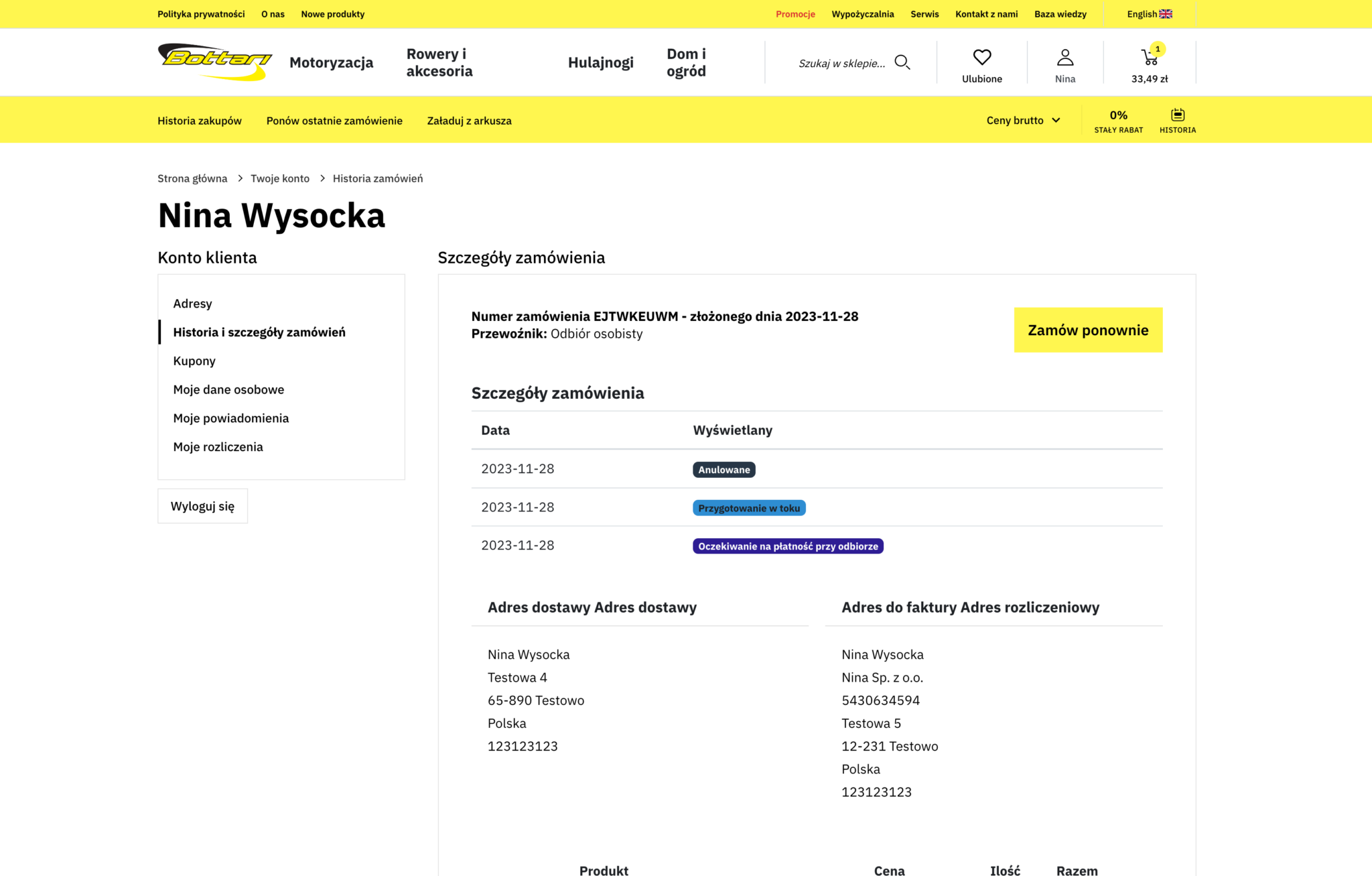 Bottari – panel konta klienta B2B z historią zamówień i stałym rabatem