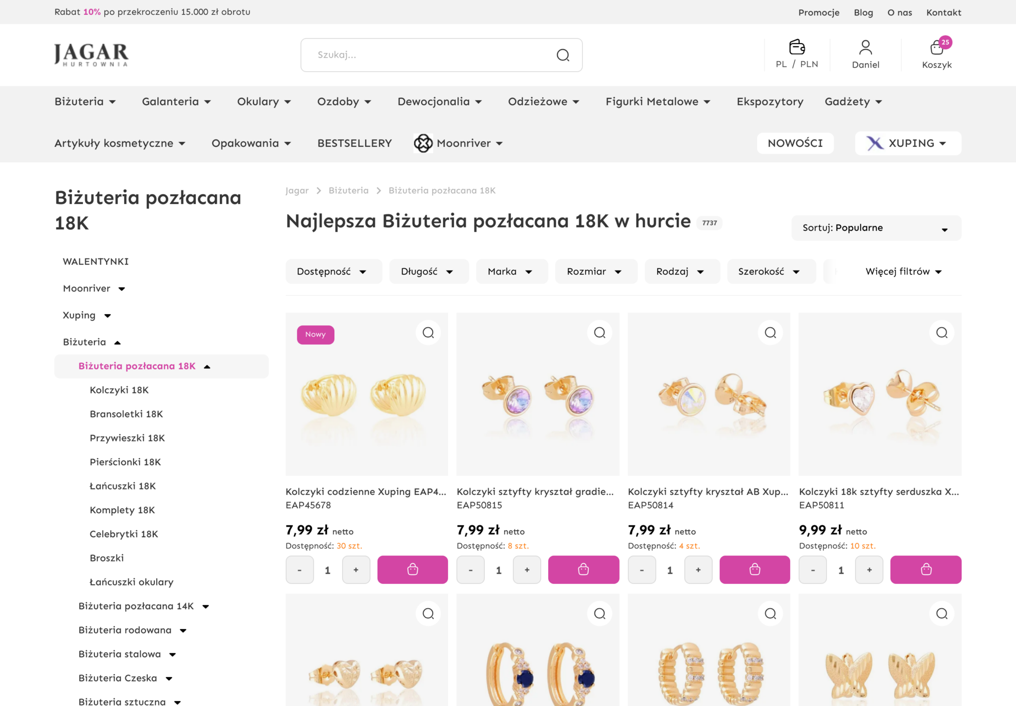 Jagar – kategoria po zalogowaniu z cenami hurtowymi netto i szybkim dodawaniem do koszyka