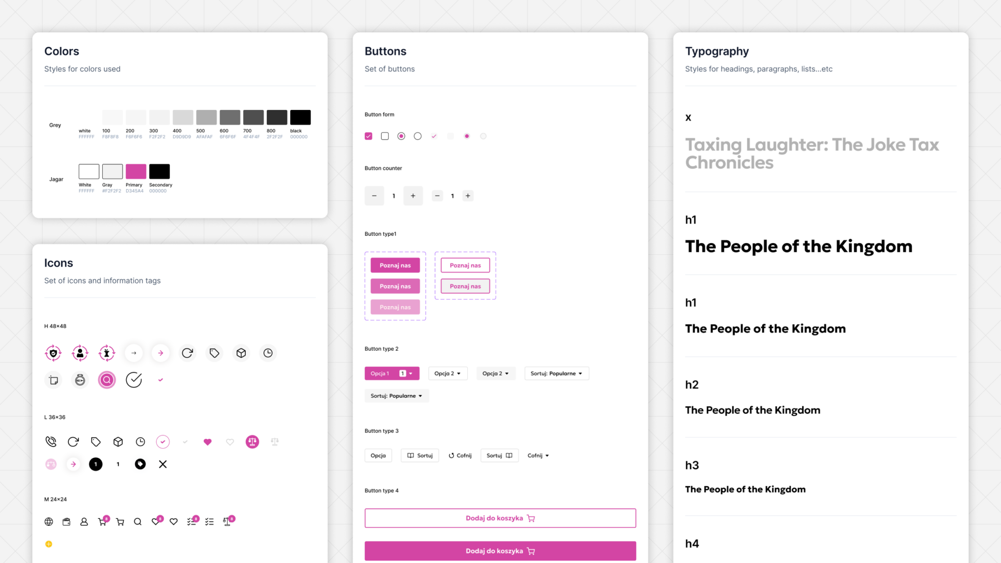 Jagar – dedykowany interfejs oparty na Sellision Design System: kolory, przyciski, typografia