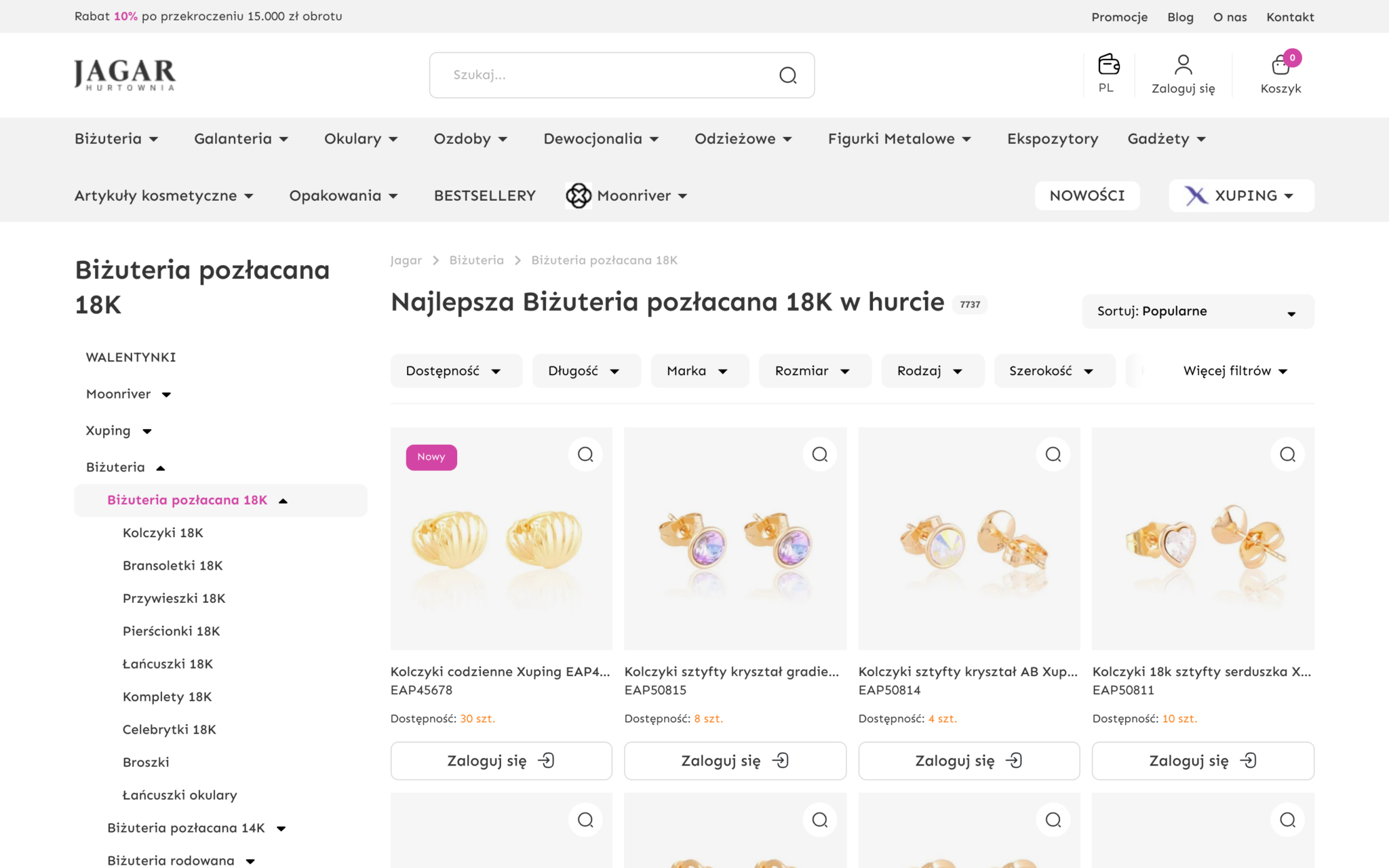 Jagar – kategoria biżuterii pozłacanej 18K z drzewem kategorii i filtrami, ceny po zalogowaniu