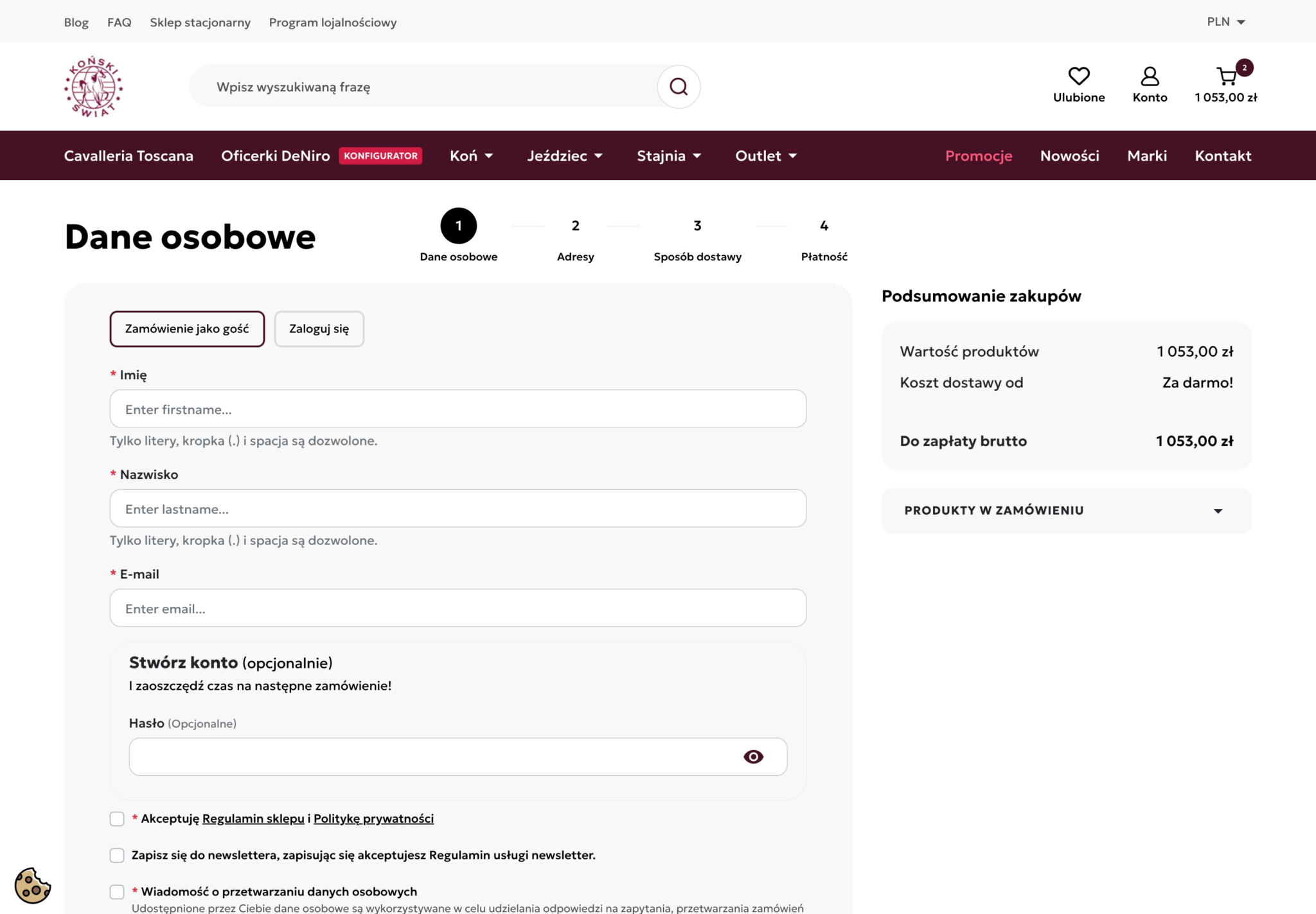 Kasa w czterech krokach z możliwością zamówienia jako gość