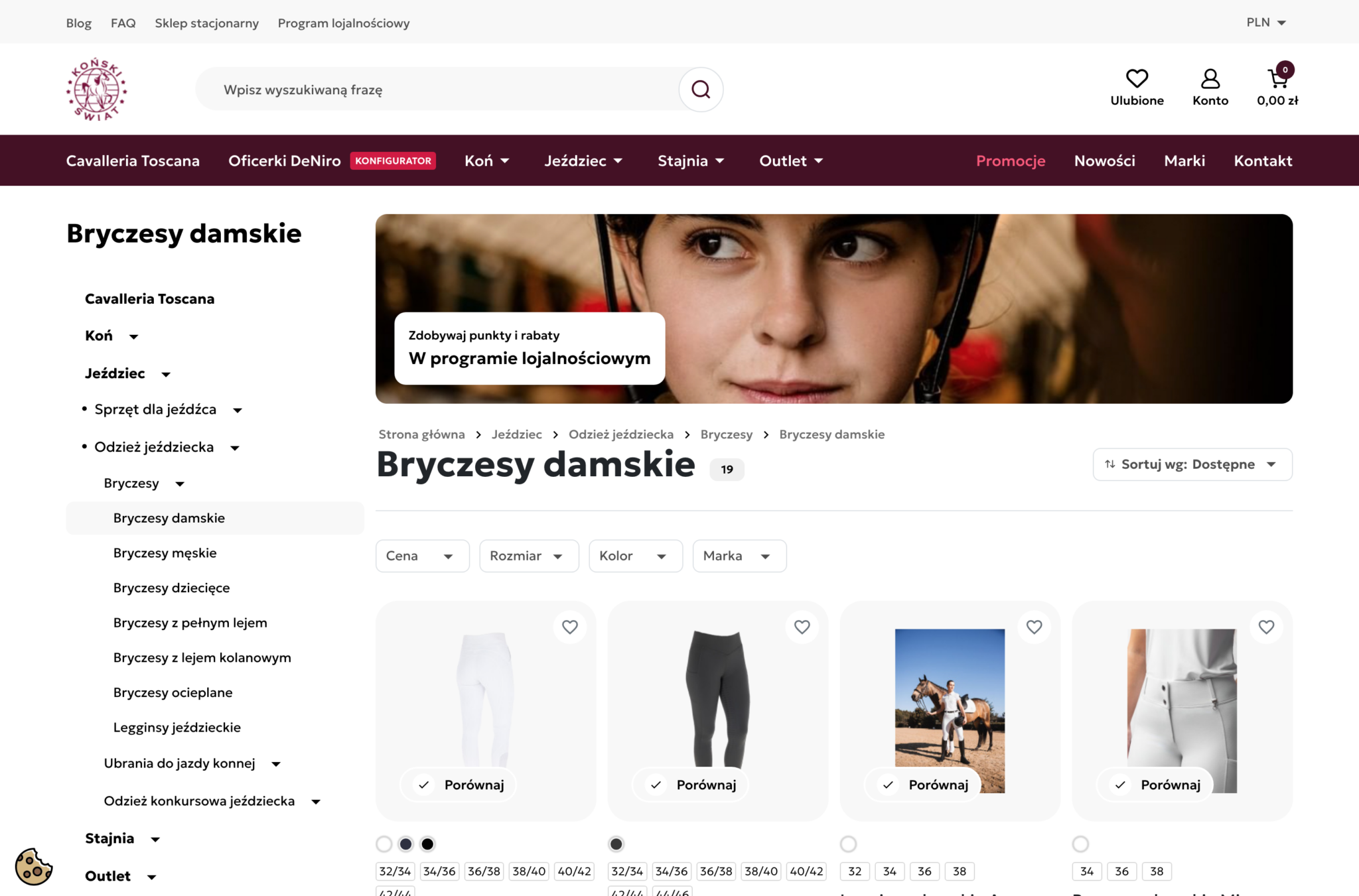 Strona kategorii z drzewem kategorii, filtrami i wariantami produktów