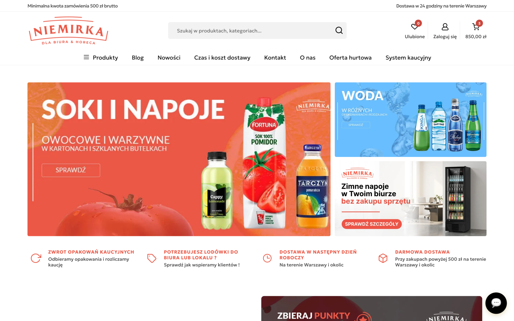 Niemirka – strona główna hurtowni spożywczej online z banerami kategorii i warunkami dostawy