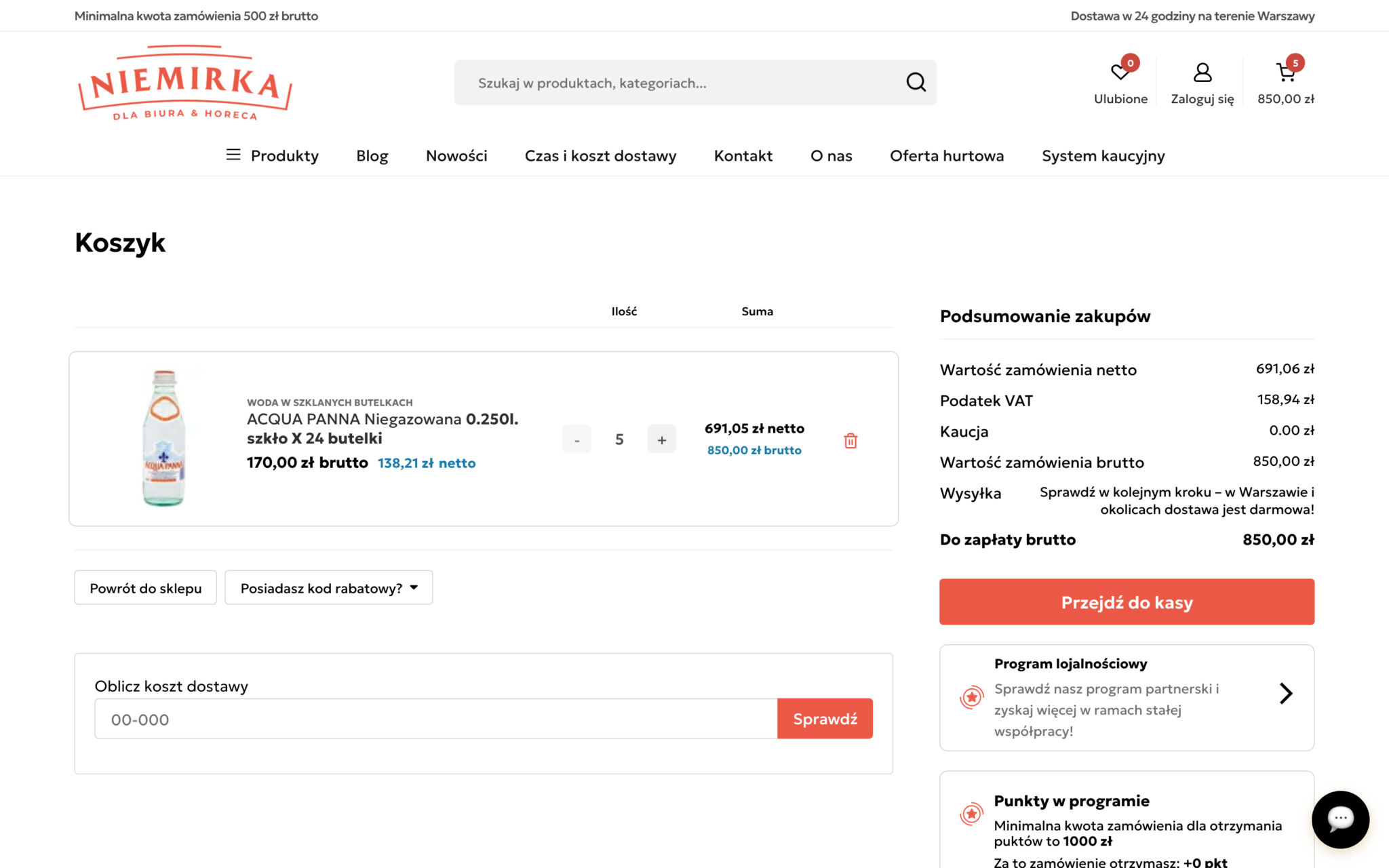 Niemirka – koszyk z podsumowaniem netto, VAT i kaucji oraz kalkulatorem kosztu dostawy