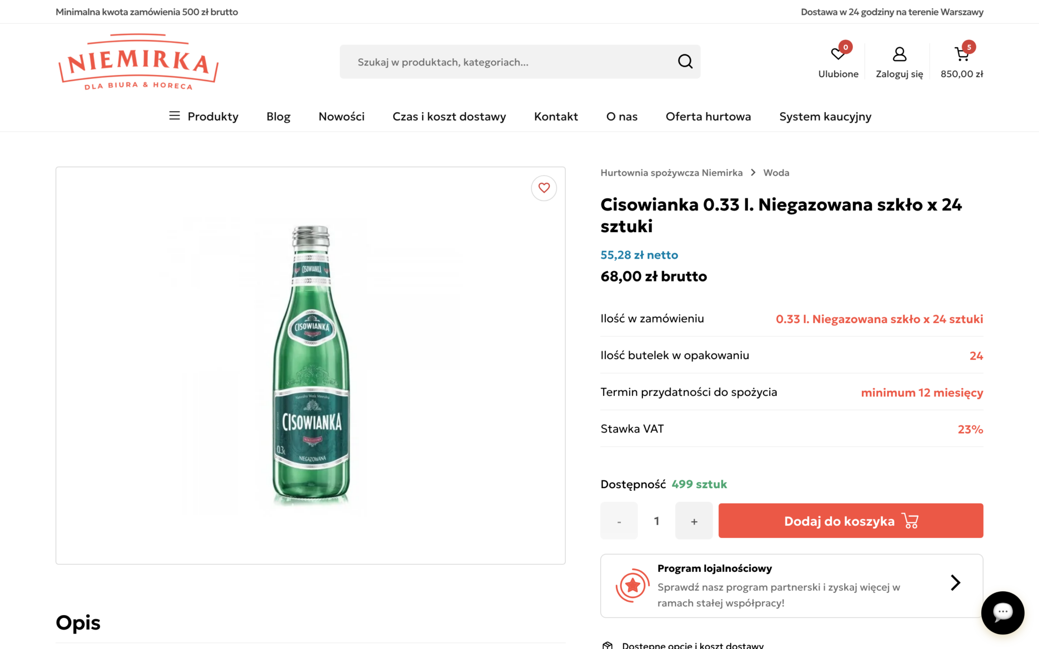 Niemirka – karta produktu z liczbą sztuk w opakowaniu, terminem przydatności i stanem magazynowym