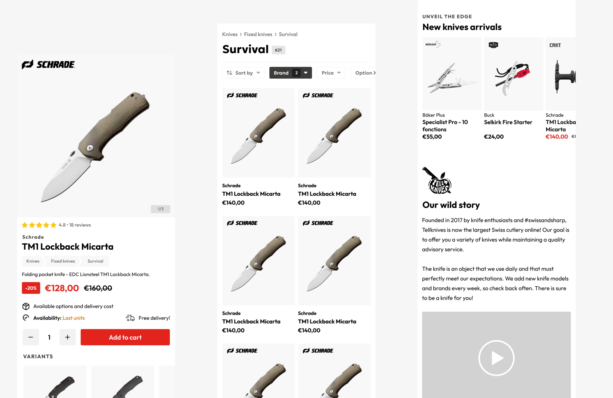 Projekt graficzny sklepu Tellknives – makiety karty produktu, listingu kategorii i strony głównej