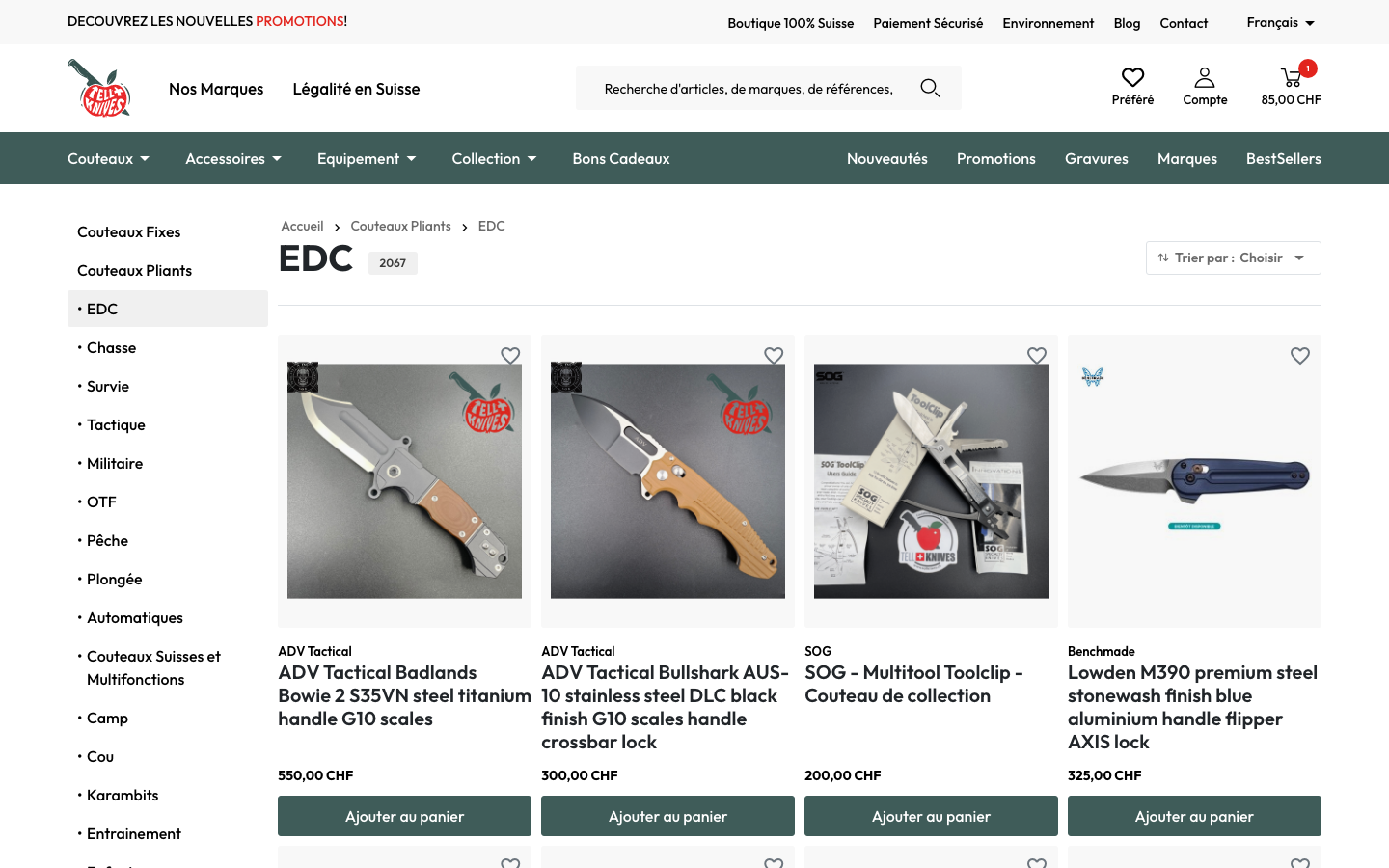 Listing kategorii EDC w sklepie Tellknives z drzewem kategorii i sortowaniem