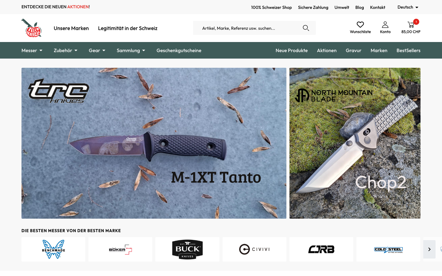 Niemiecka wersja językowa sklepu Tellknives z przetłumaczonym menu i koszykiem