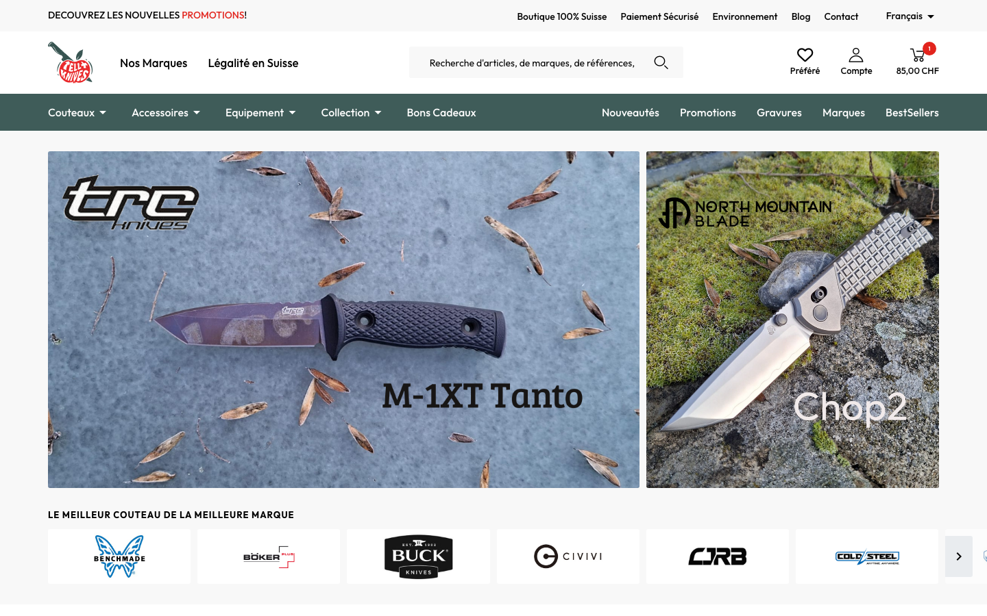 Sklep Tellknives: cztery języki i katalog z PIM Plytix 16 Strona główna sklepu Tellknives na PrestaShop z banerami i karuzelą marek