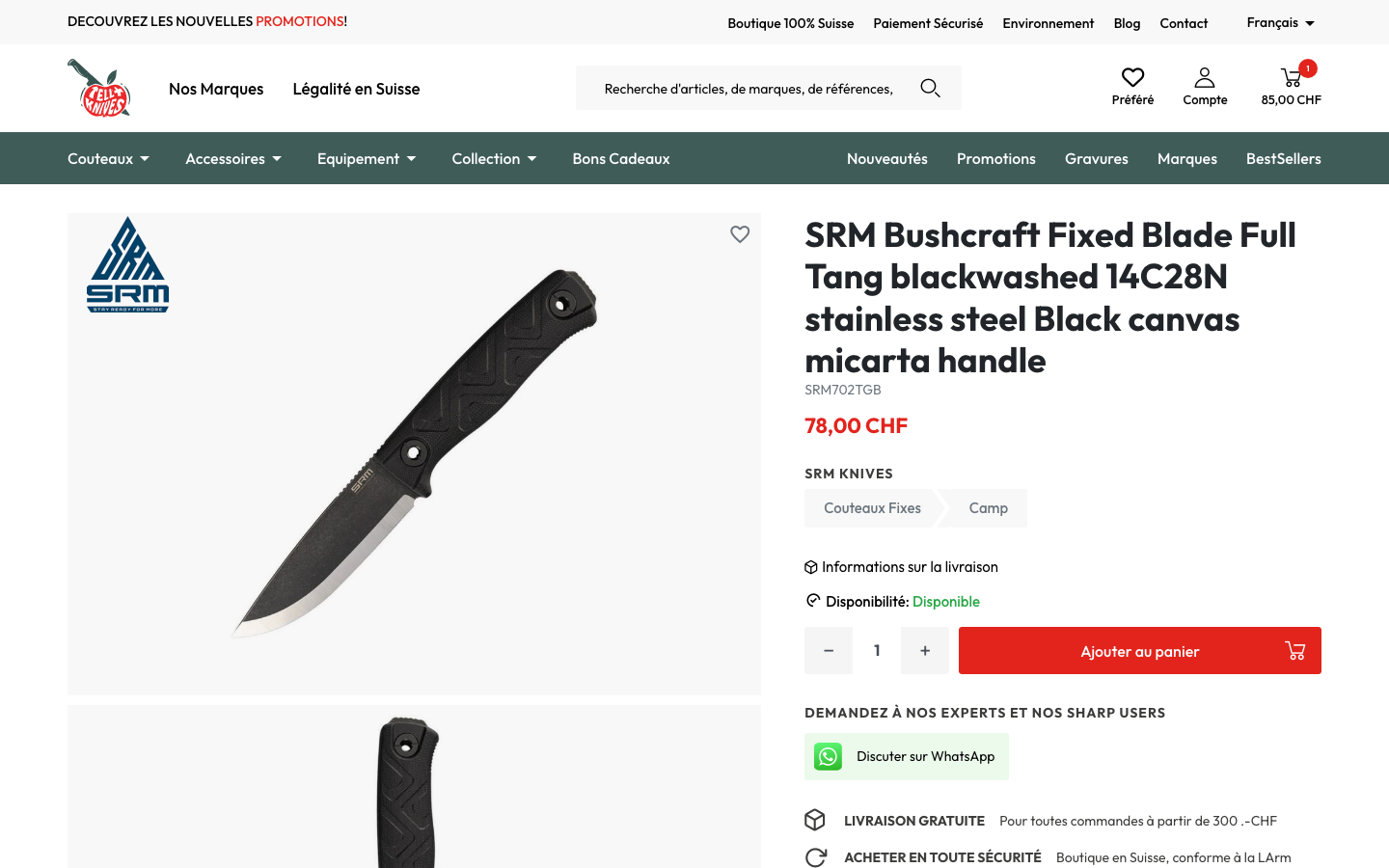 Karta produktu w sklepie Tellknives z ceną w CHF, dostępnością i dodaniem do koszyka