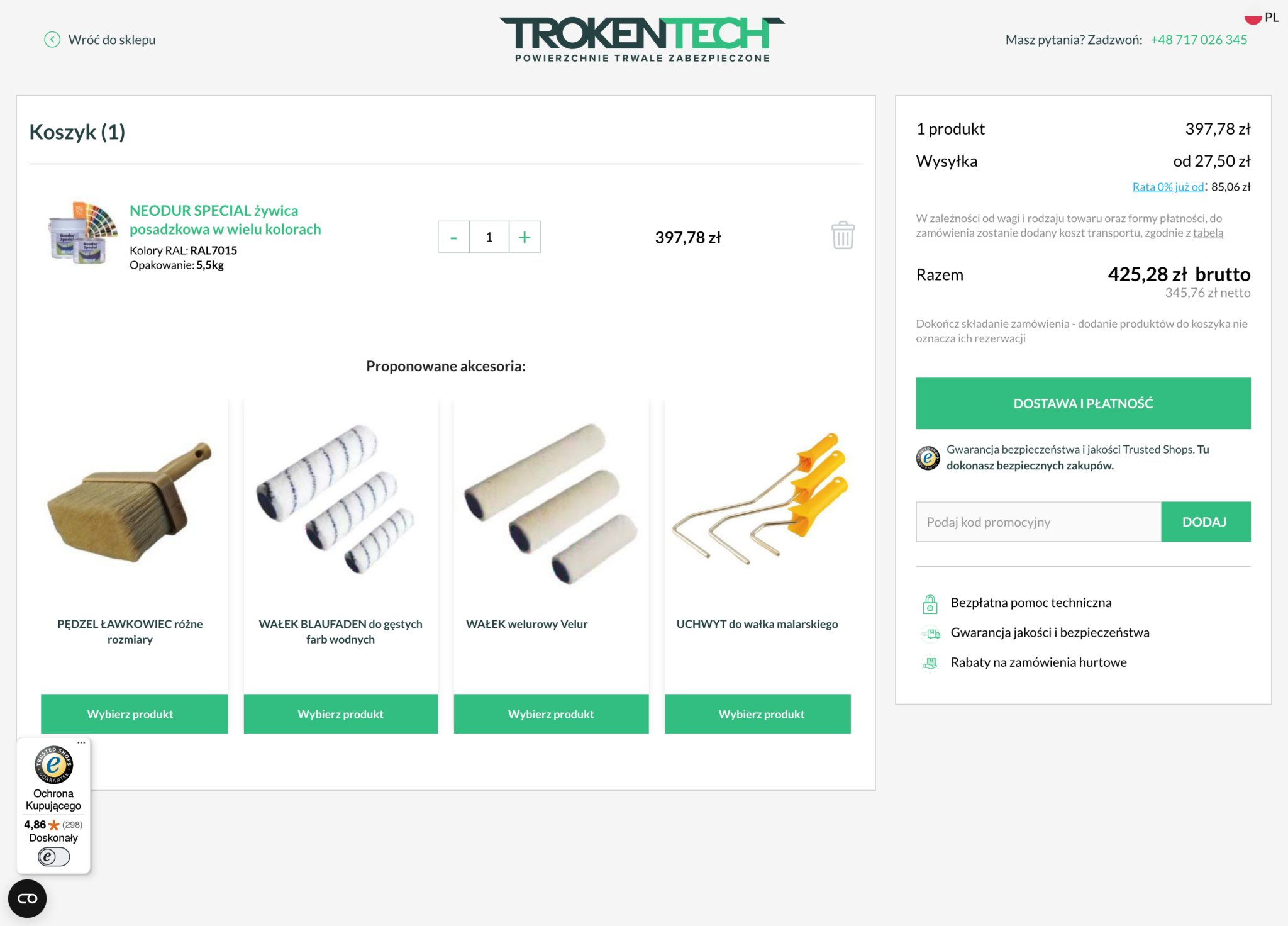 Koszyk TrokenTech z żywicą w kolorze RAL 7015 i proponowanymi akcesoriami