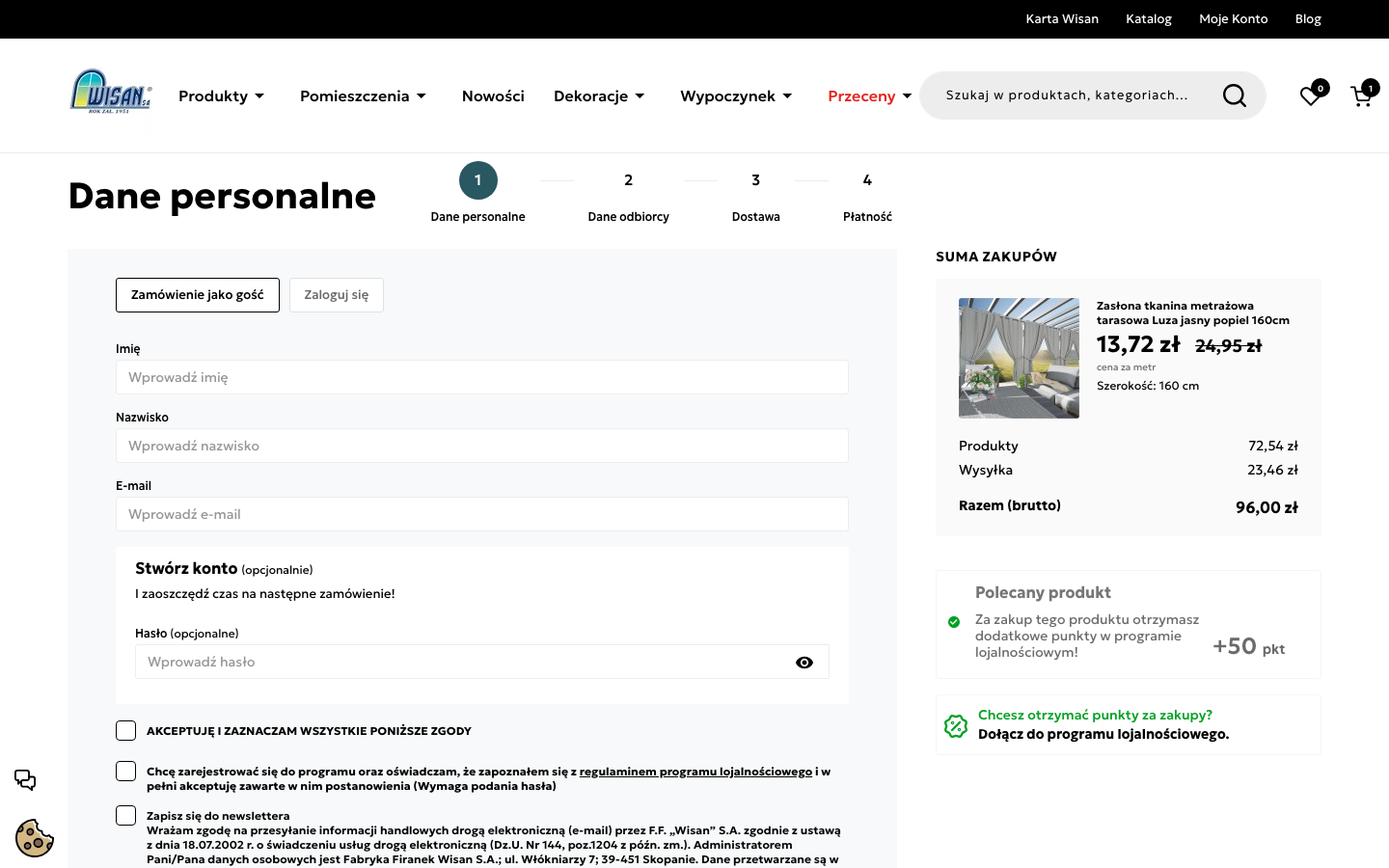 Czterokrokowa kasa sklepu Wisan z zakupem jako gość