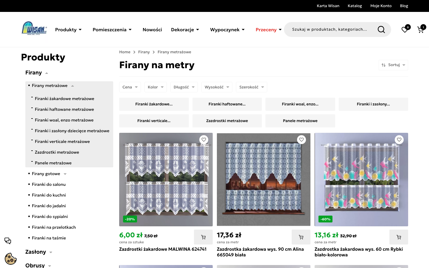 Listing firanek metrażowych w sklepie Wisan z filtrami wysokości i szerokości