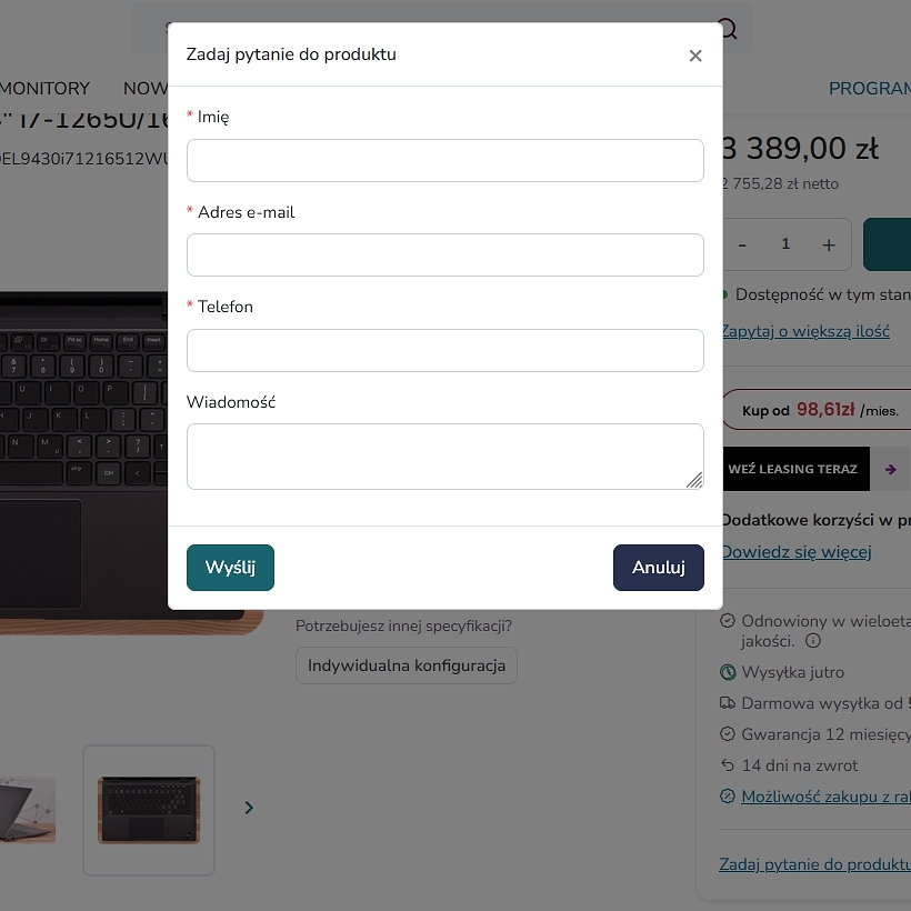 Formularz zapytania o produkt