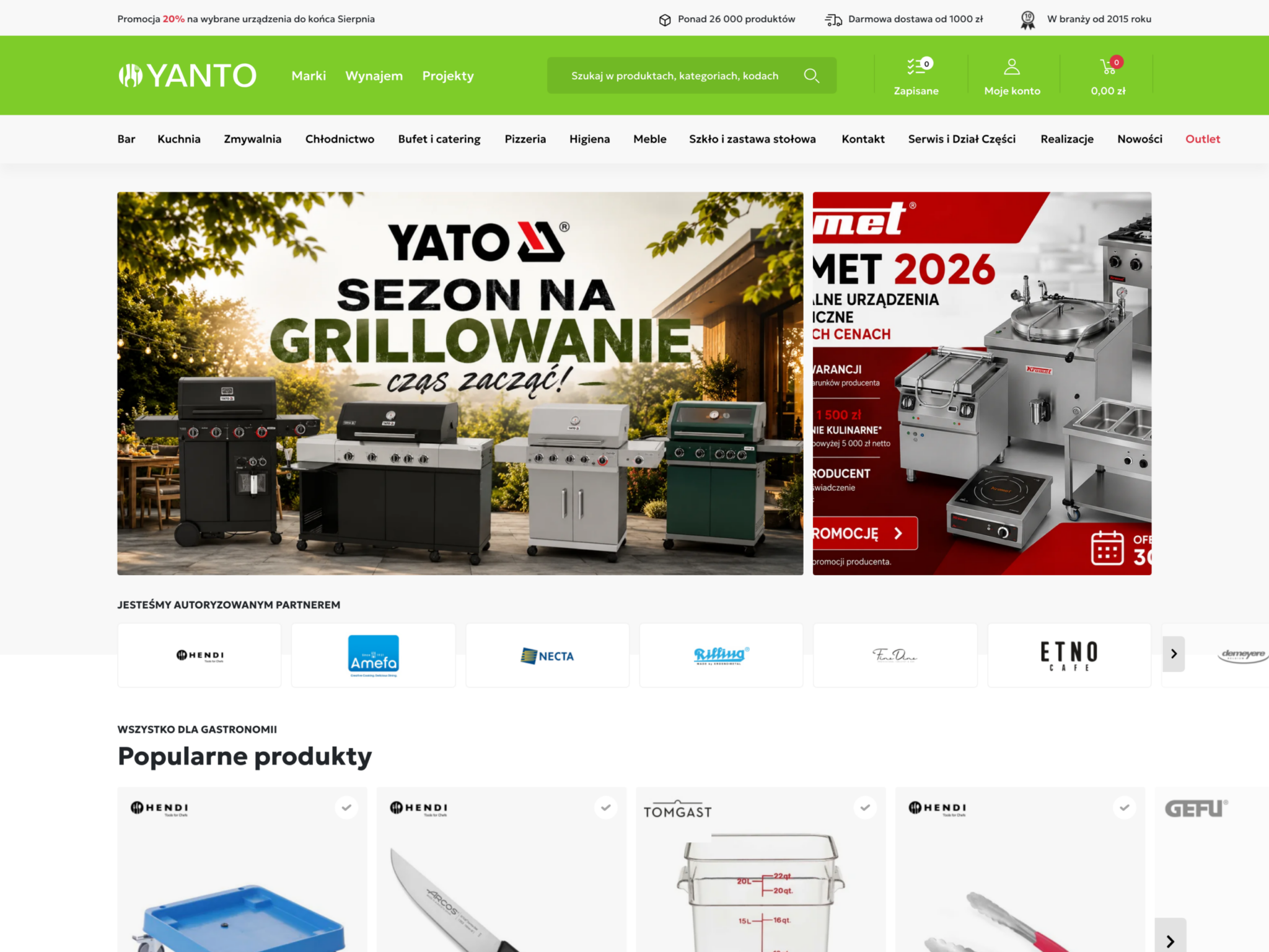 Yanto – strona główna sklepu B2B dla gastronomii na PrestaShop