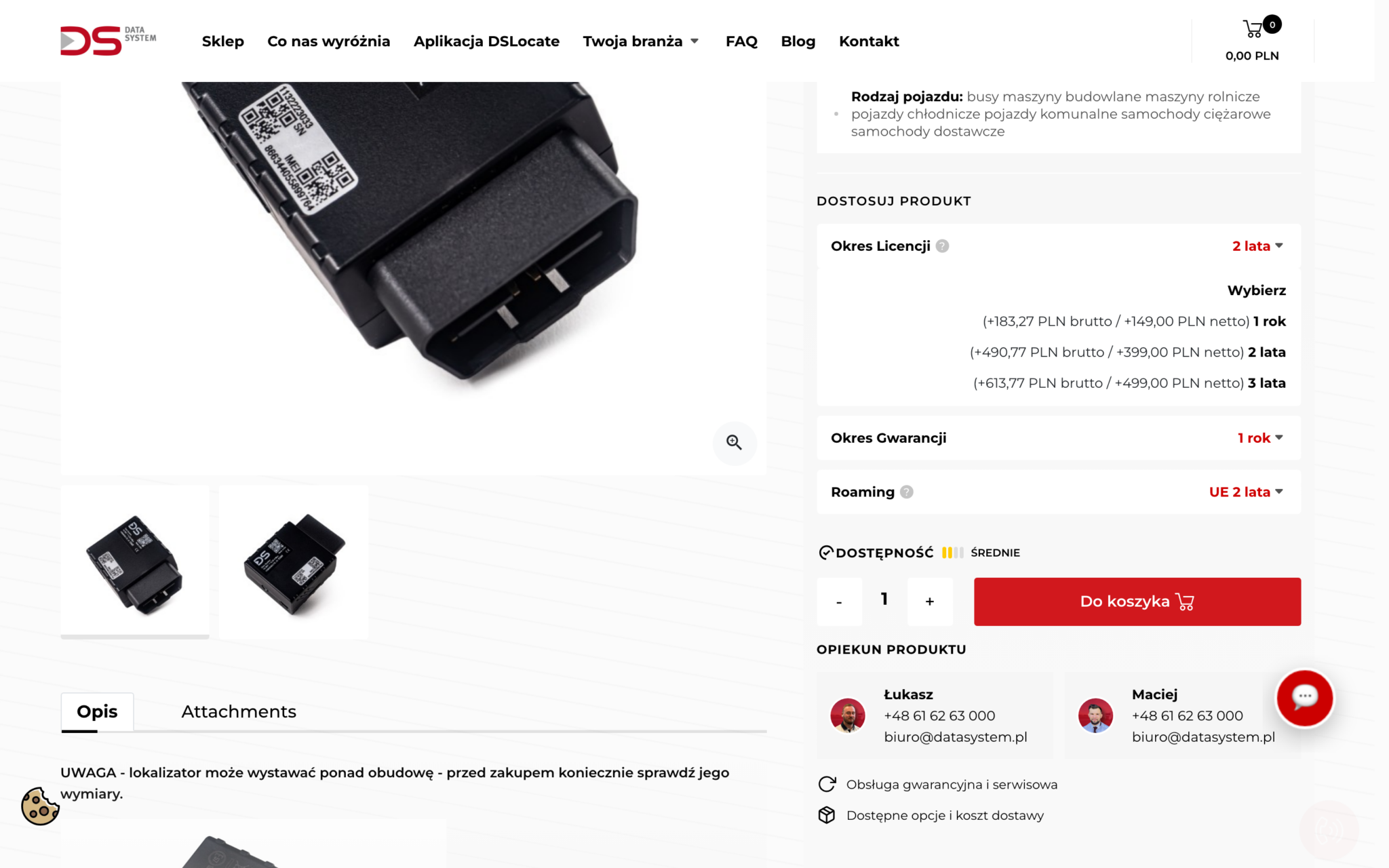 Konfigurator produktu w sklepie Data System – okres licencji, gwarancji i roaming