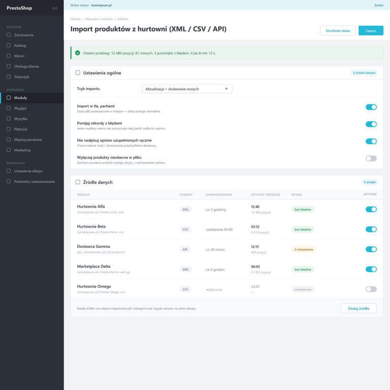 Import produktów z hurtowni (XML/CSV/API)