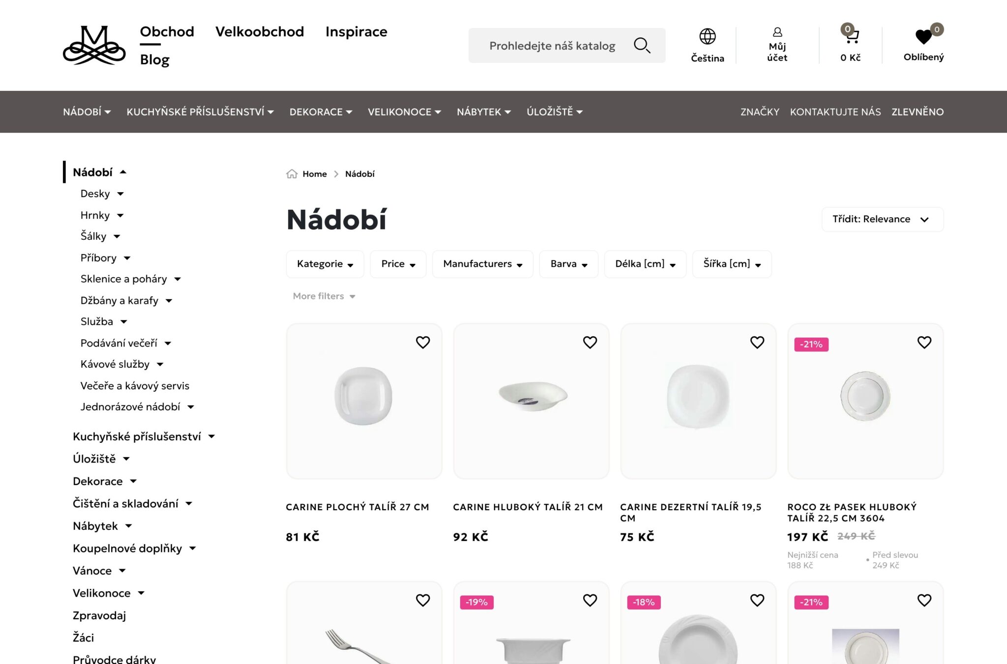 Listing kategorii w czeskiej wersji sklepu Mondex z cenami w koronach