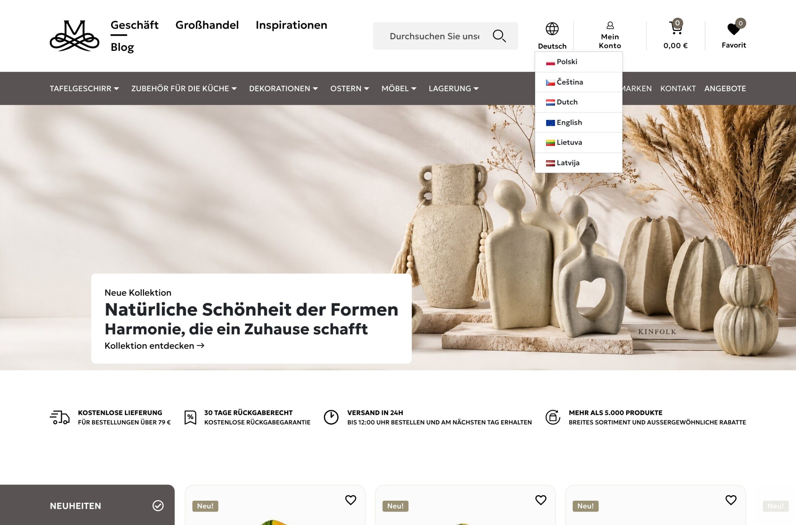 Cross-border dla Mondex: 7 rynków, 7 domen i tłumaczenia z AI 16 Przełącznik rynków w sklepie Mondex: siedem wersji krajowych na osobnych domenach