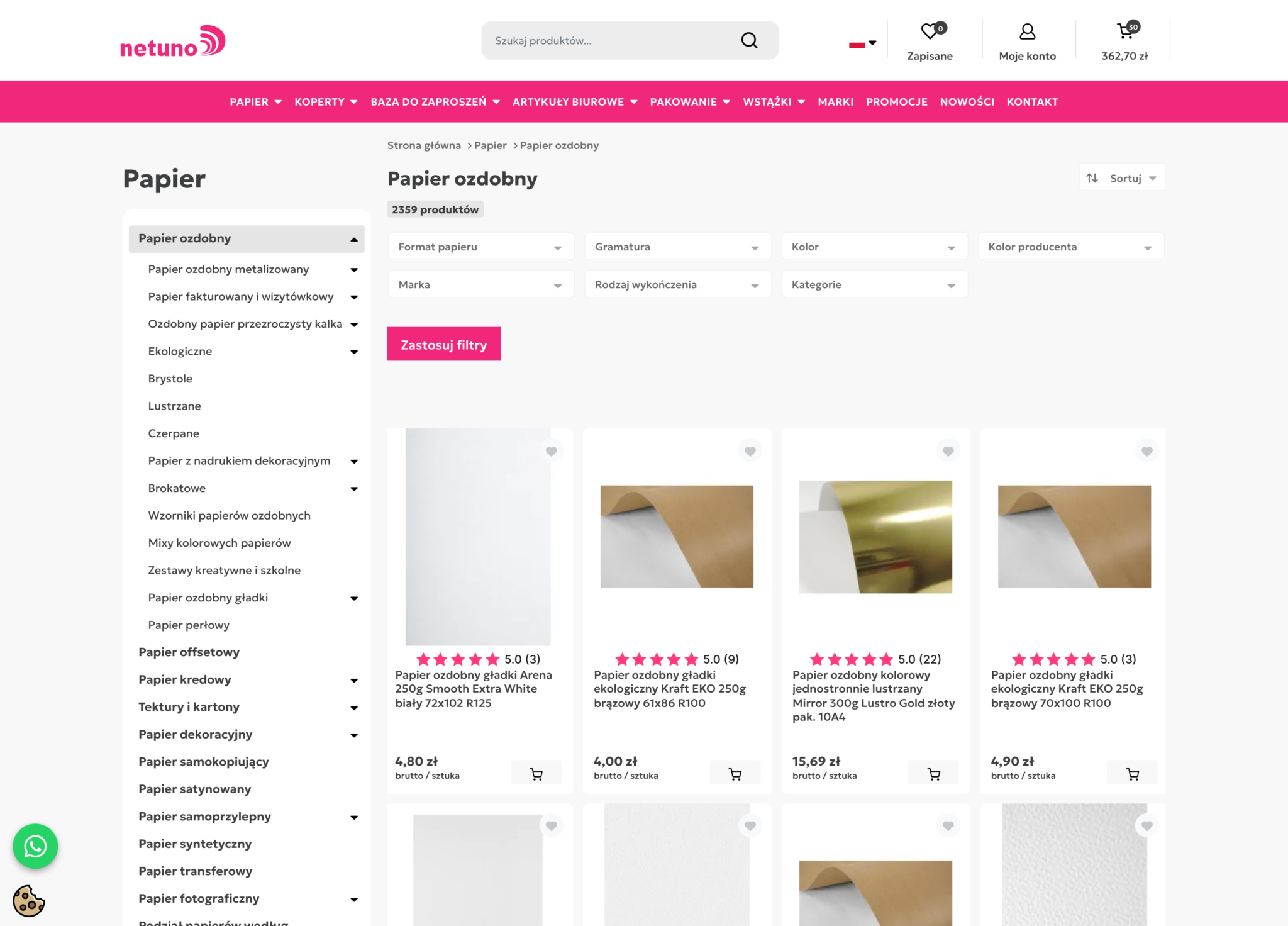 Netuno – kategoria papieru ozdobnego z drzewem kategorii i filtrami