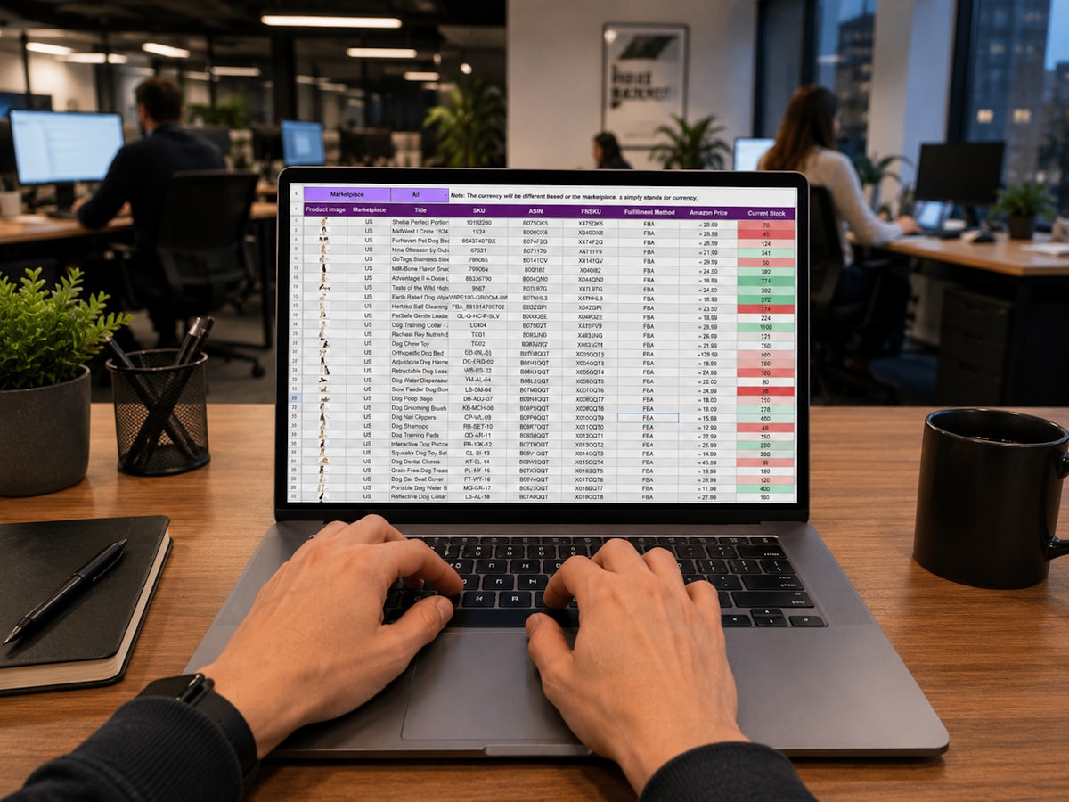 Jak modele językowe czytają Twój katalog: feed produktowy pod AI 1 Feed produktowy – Arkusz z danymi na laptopie – atrybuty w feedzie produktowym