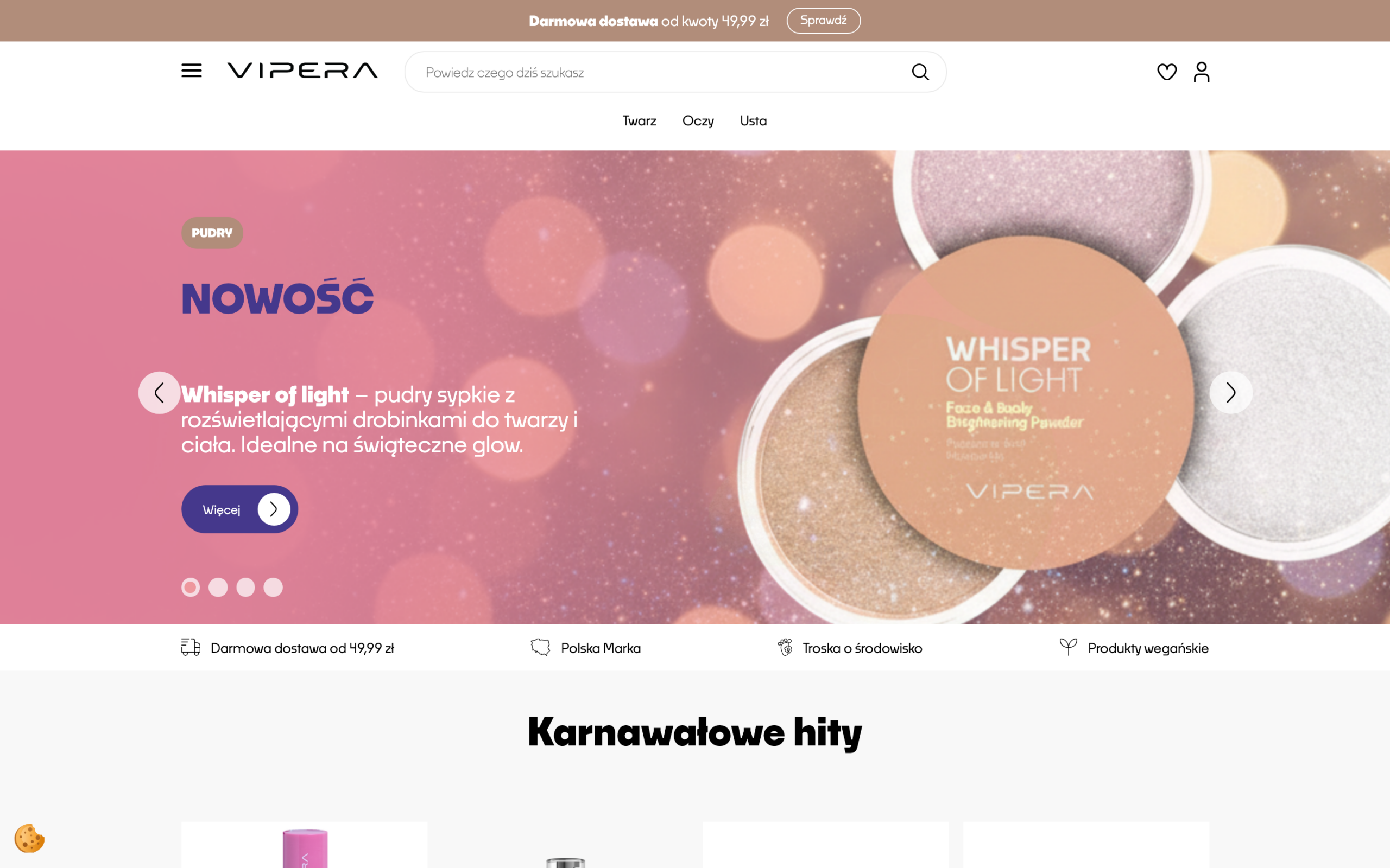 Sklep Vipera Cosmetics – strona główna z ekspozycją nowości